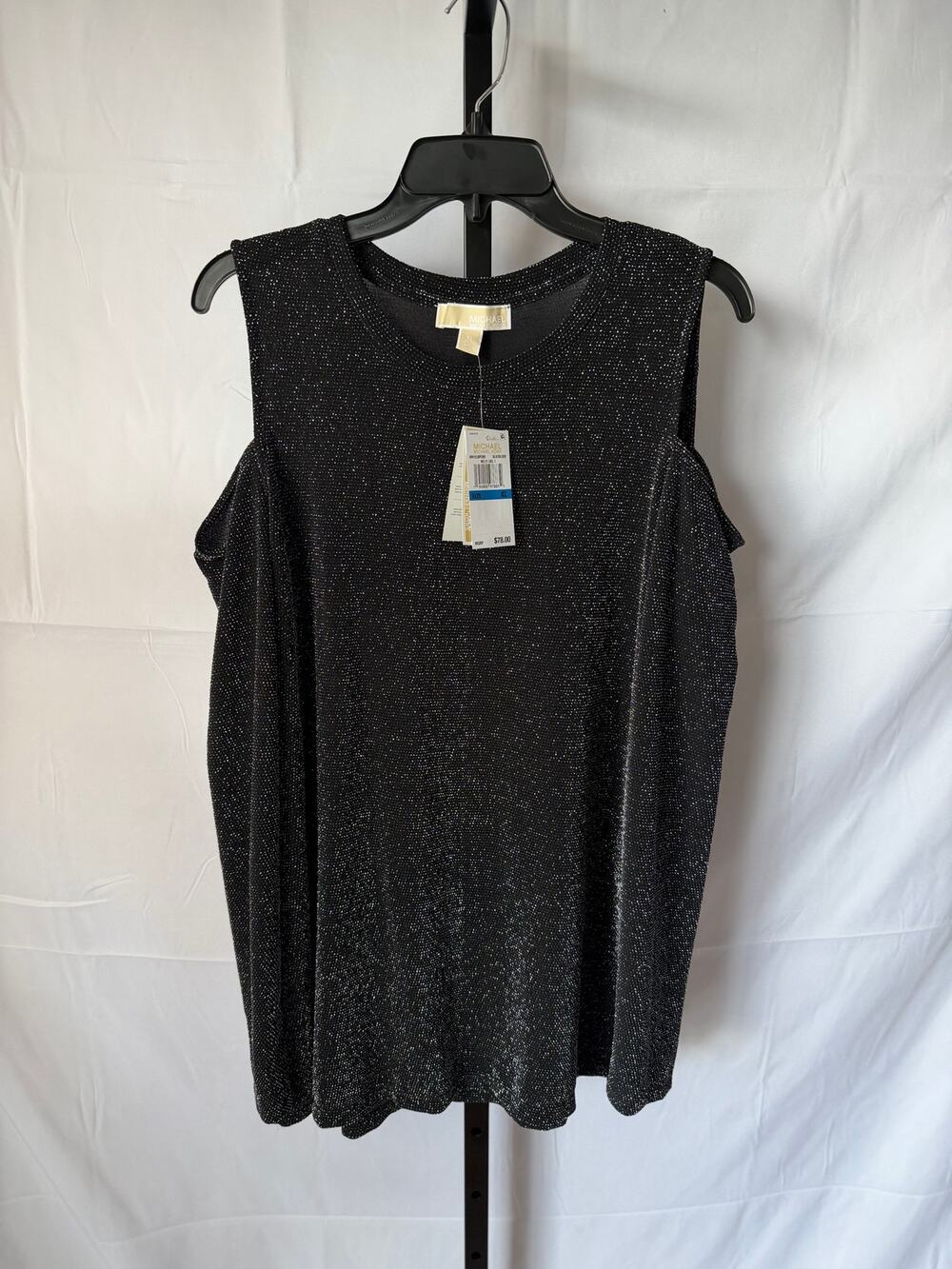 Michael Kors Black & Silver Metallic Brilliance Cold Shoulder Top Sz L NWT